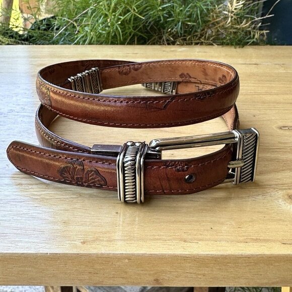 Brighton Accessories - Brighton Leather Belt Size S Reversible Brown Slim Brown Leaf Silver Tone Buckle